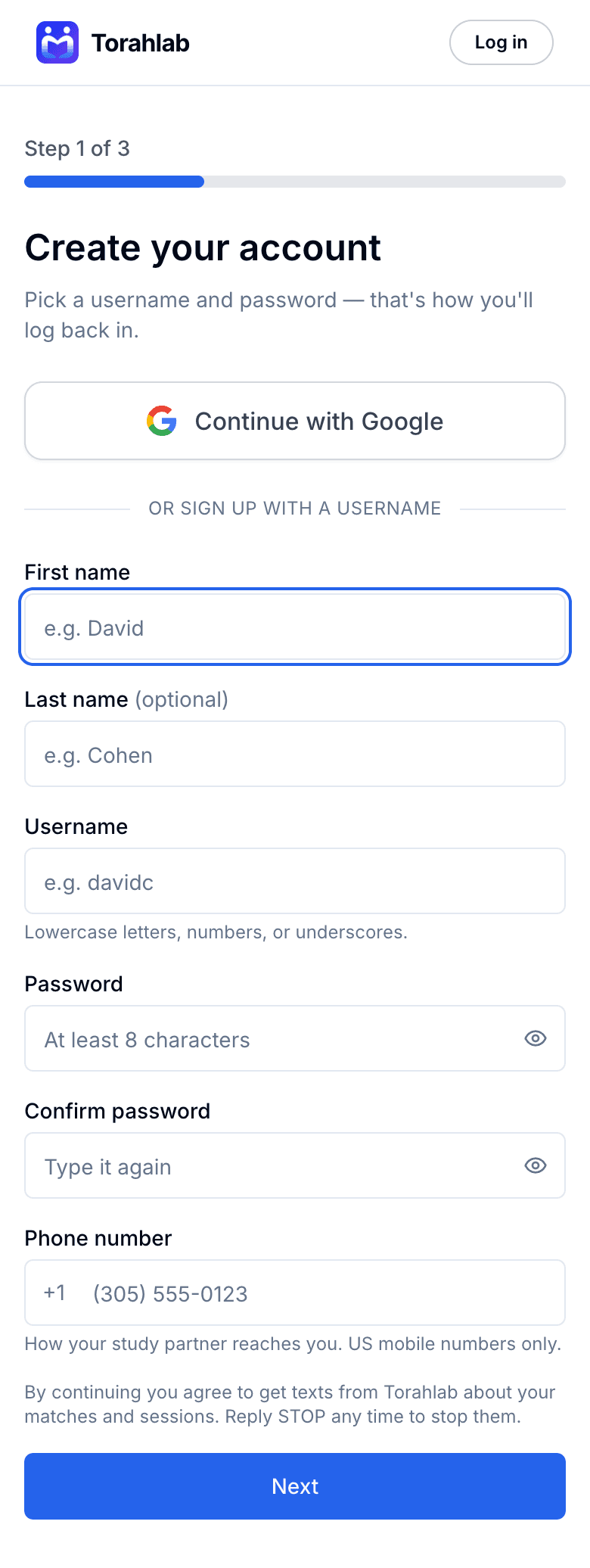 The Torahlab signup screen, step 1 of 3, with Continue with Google and fields for first name, username, password and phone number.